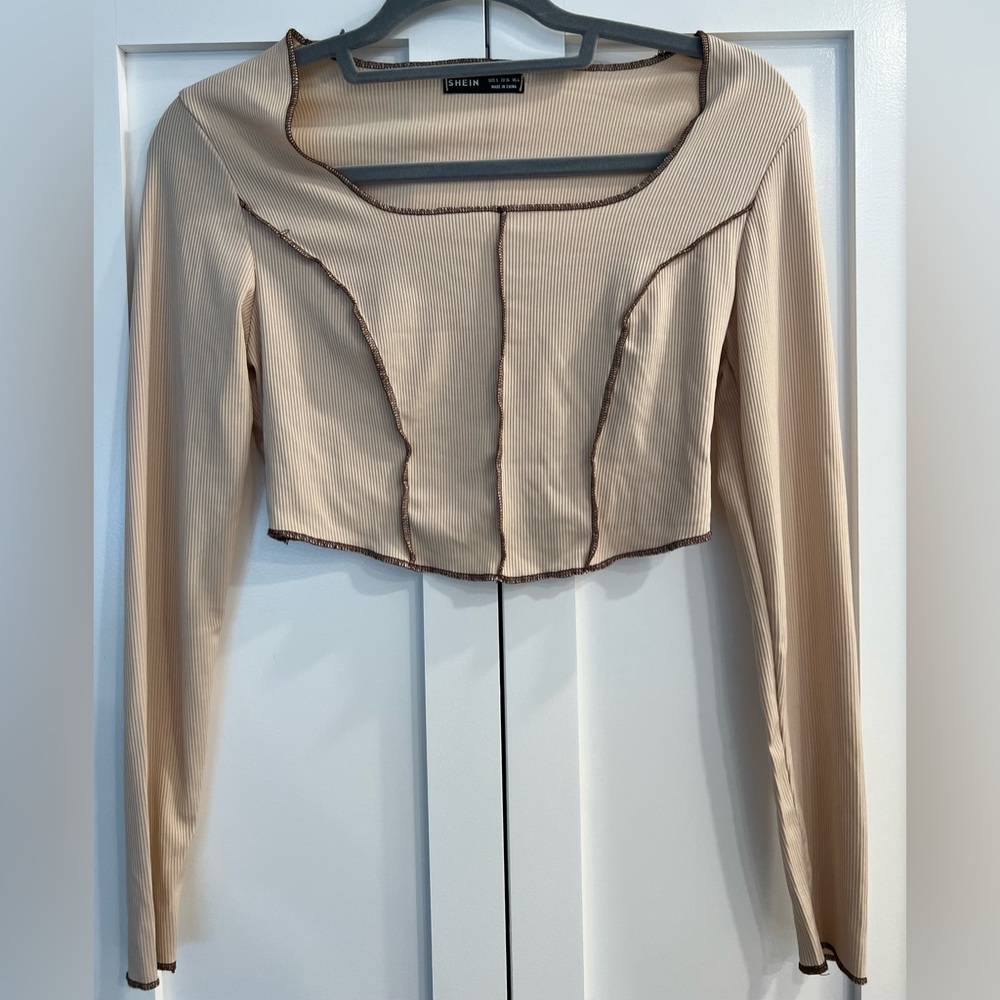 Tan & Brown Long Sleeve Cropped Top